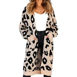 New Cardigan Long Sleeves Leopard Print Knitting Sweater Open Front Warm Medium
